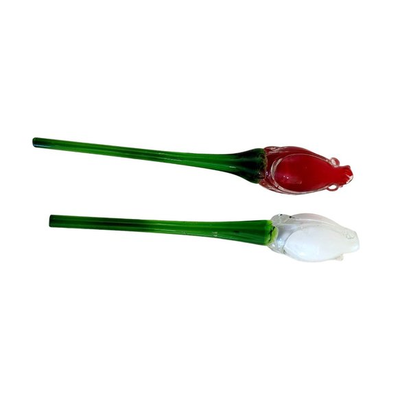 Set of 2 Vintage 8" Hand Blown Glass Rose Buds Red White Studio Art - Picture 1 of 6